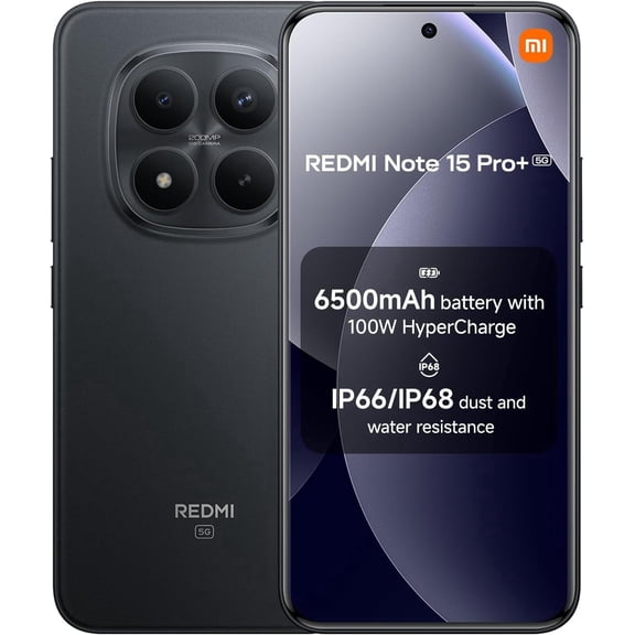 XIAOMI Redmi Note 15 Pro+ Plus 5G Ai (Compatible with Tmobile Mint Tello & Global) (256GB + 12GB) NFC 6.83" 120Hz 200MP Ultra Camera Model 2510ERA8BG Unlocked Dual Sim Liberado (Black)