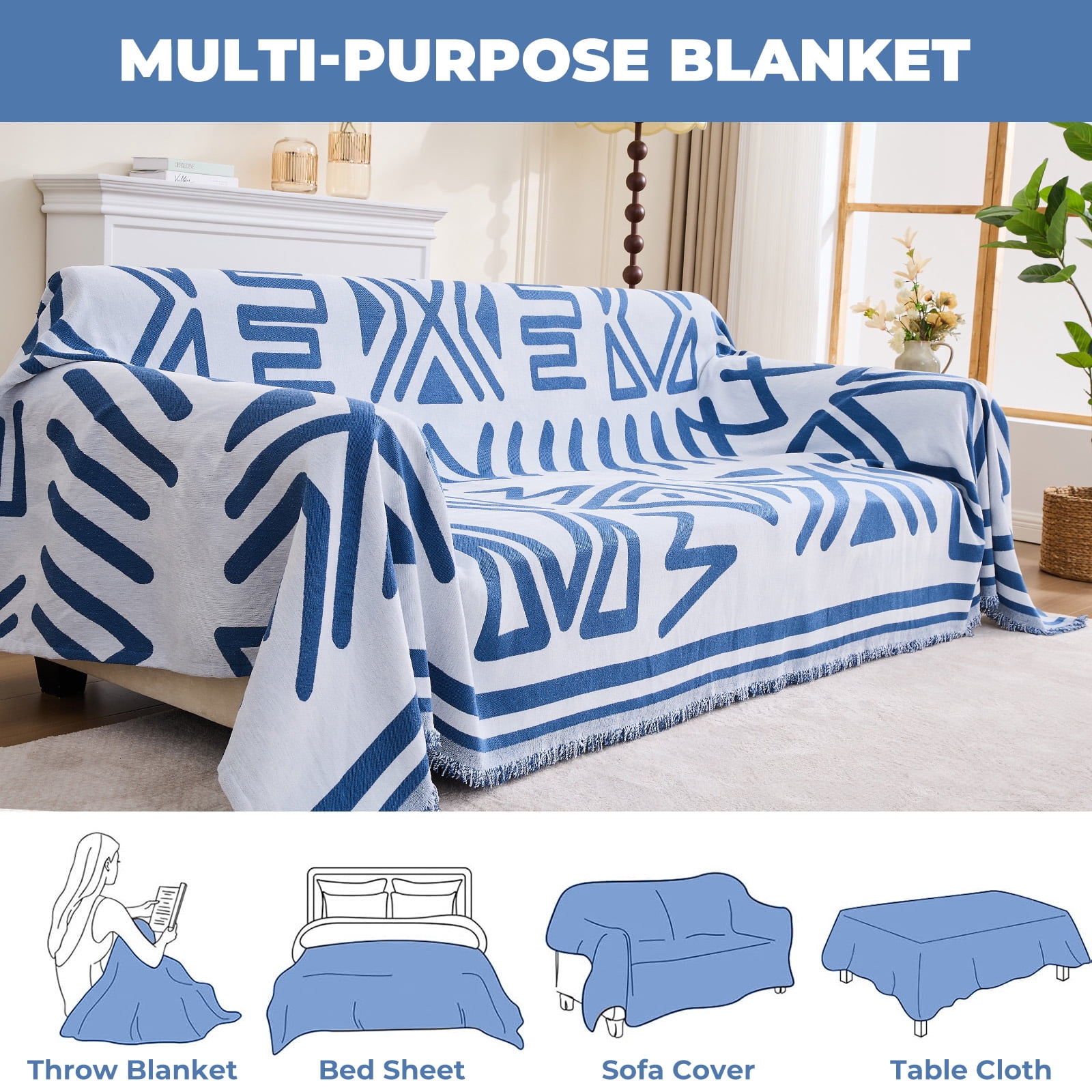 Sanmadrola Boho Sofa Cover Chenille Couch Covers Blanket Furniture Protector for Sectional Sofa, Anti Slip Couch Covers for 2 Cushion Couch, Washable Slipcover for Dog (Blue, 71"x102")