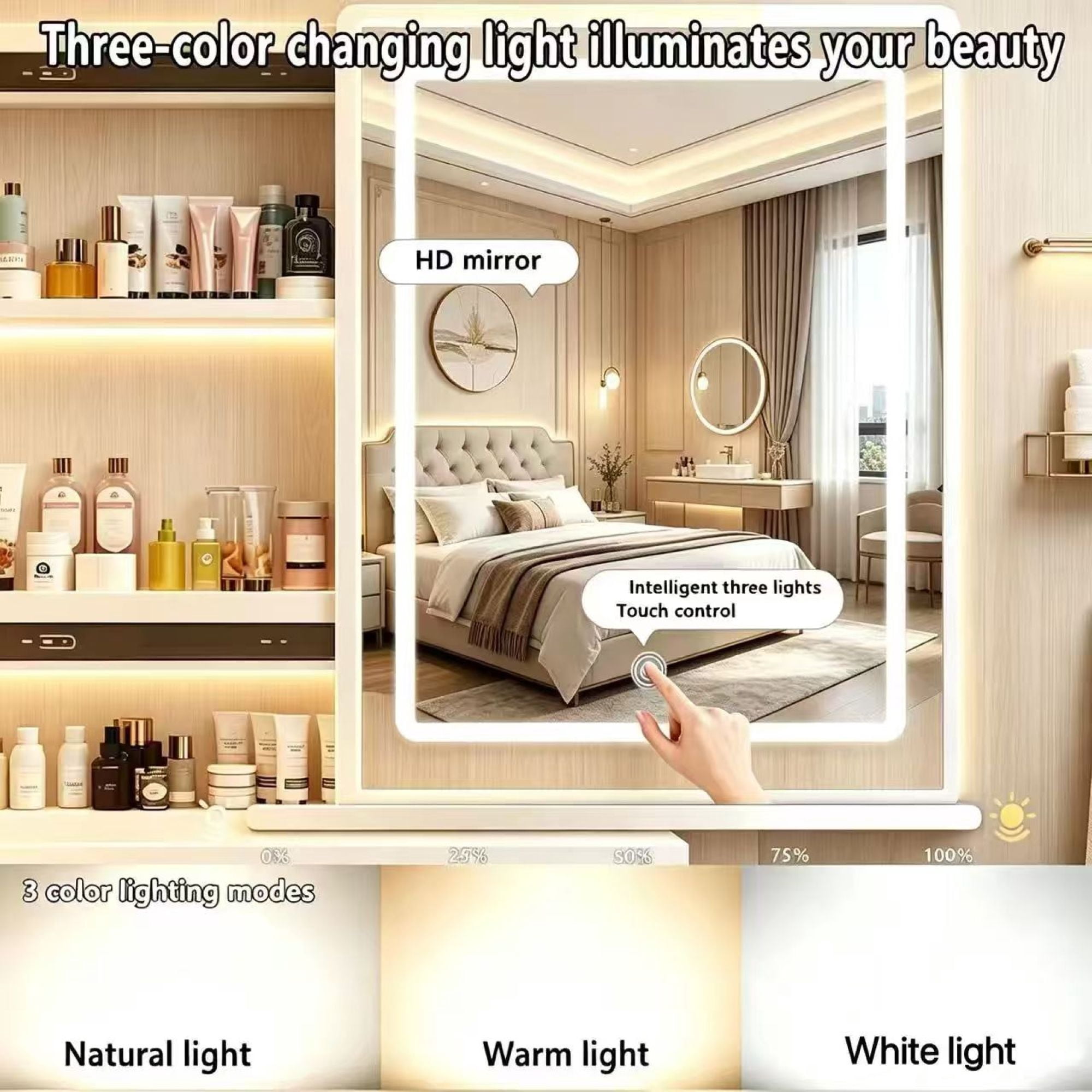 HOQBN Modern White Vanity Set with Mirror & Lights,Bedroom Makeup Table with Storage & Cushioned Stool,Dressing Table for Bedroom
