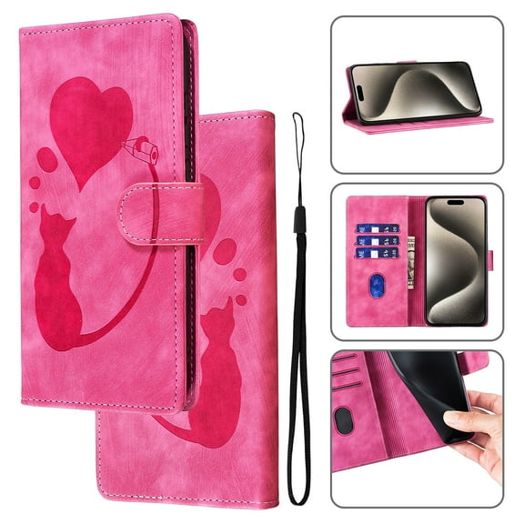 Feishell Cute Case for iPhone XR Wallet,Magnetic Flip Case Credit Card Slots,Embossed Cat Love Heart,Premium Retro PU Leather, RFID Blocking & Wrist Strap & Kickstand Phone Case,Rose