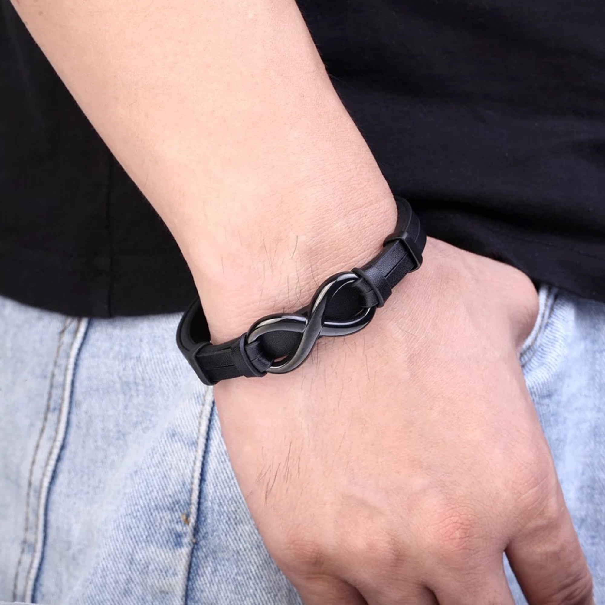 Infinity Leather Bracelet for Men in 3 Lengths, Black, 7.5 in