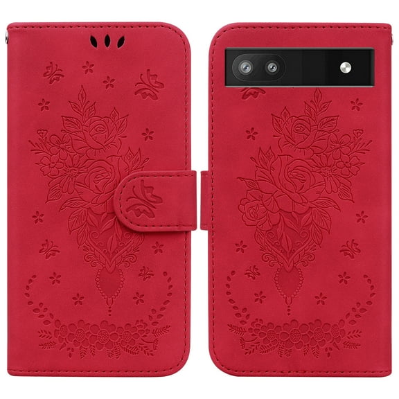 TECH CIRCLE Google Pixel 6A 5G Wallet Case,Rose Embossed Premium PU Leather Magnetic Handbag Pocket Card Slots with Wrist Strap Flip Kickstand Shockproof Case for Google Pixel 6A 5G 6.1 inch,Red