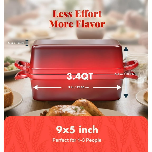 2 IN 1 Cast Iron Bread Loaf Pan with Lid, 3.4QT 9x5 Inch Dutch Oven for Bread Baking, Even Heating Bread Oven, Enameled Bread Pan for Homemade Sourdough Bread Baking & Versatile Cooking, Red
