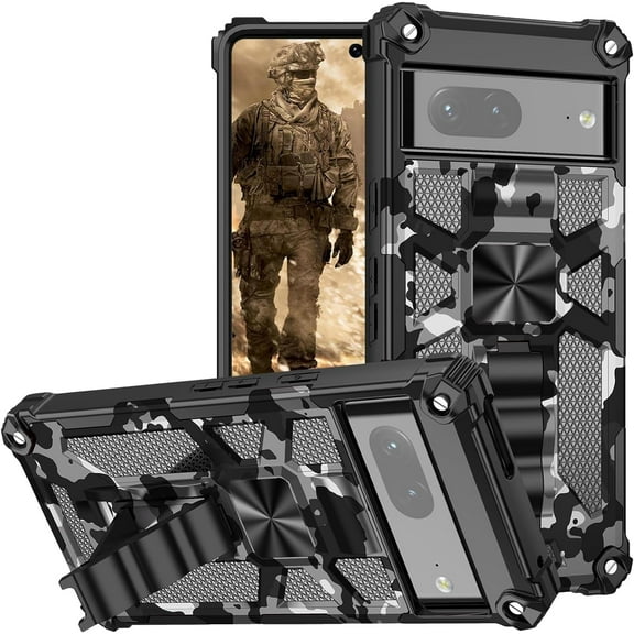 Camouflage Case for Google Pixel 8 with Metal Kickstand, Camo Phone Cover Built-in 360° Rotate Ring Stand Case for Google Pixel 8 MC Black