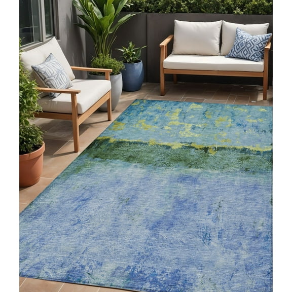 HomeRoots 618602 5 x 8 ft. Blue & Lime Green Abstract Washable Indoor & Outdoor Rectangle Area Rug