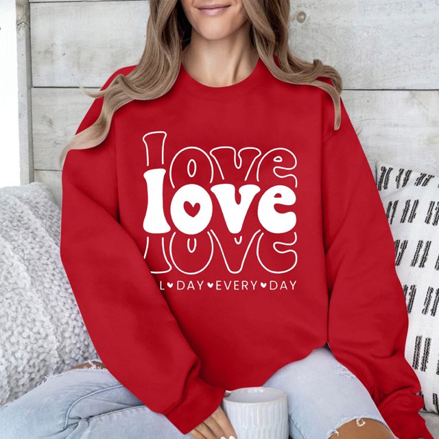 Meichang Sweat-Shirt pour Femmes Mignon Sweat-Shirt de la Saint-Valentin Manches Longues Graphique Cœur Pull Col Rond Ample Tendance