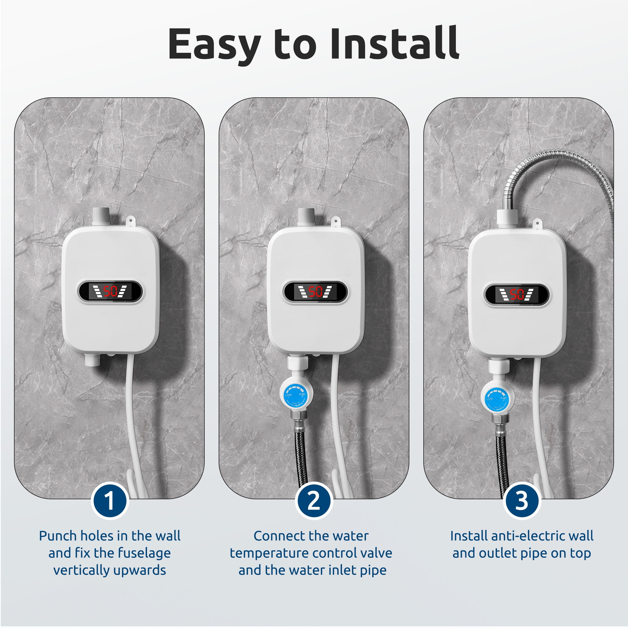 LOFTER-Pro 110 V 50 Hz Electric Tankless Water Heater Shower Head Set, 3500W Instant Hot Water Heater LCD Display for Home, White