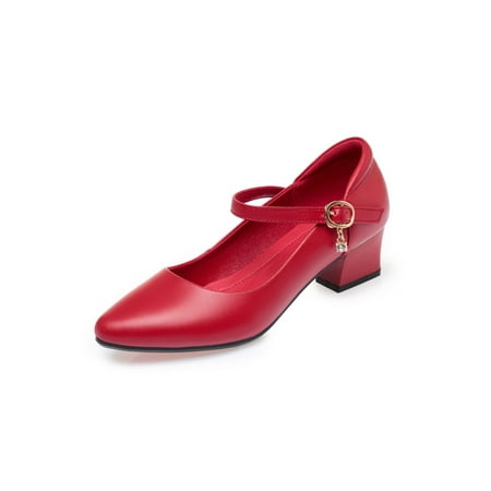 

Crocowalk Women Pumps Low Heel Dress Shoes Ankle Strap Mary Jane Heels Womens Dance Shoe Party Buckle Pointed Toe Red 8.5