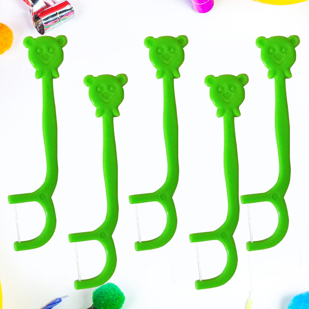 OUNONA 100PCS Portable Handle Floss Pick Cartoon Dental Floss Stick Teeth  Care Cleaner for Kids Children (Green) 