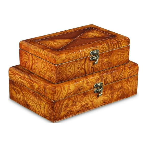 Contemporary Home Living Set of 2 Brown Rectangular Lined Burl Wood Veneer Storage Boxes 10.75"