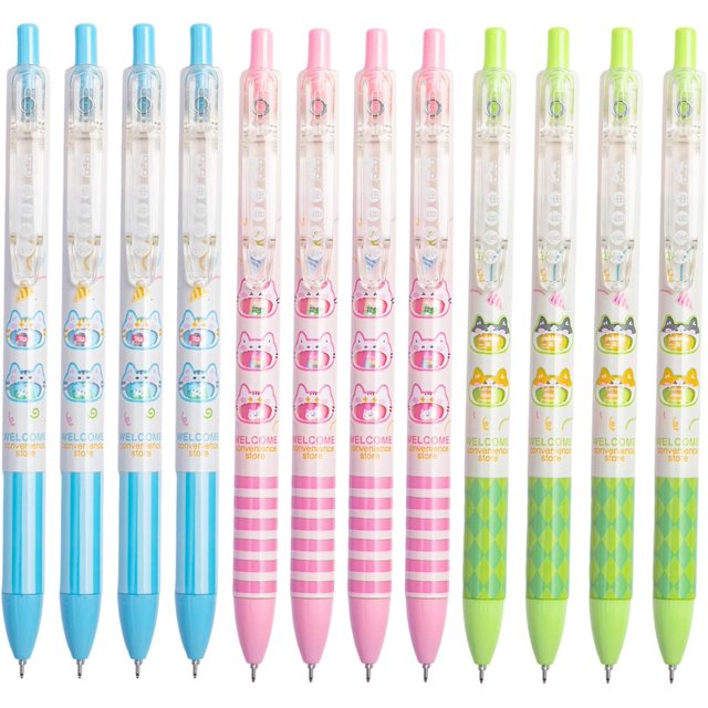 Gel Pens, 0.5mm Retractable Gel Ink Rollerball Pens Fine Point, Cute Gel Pens with Colored Cat Pattern Smooth Writing for Office School Gift Women Men 12 Pack
