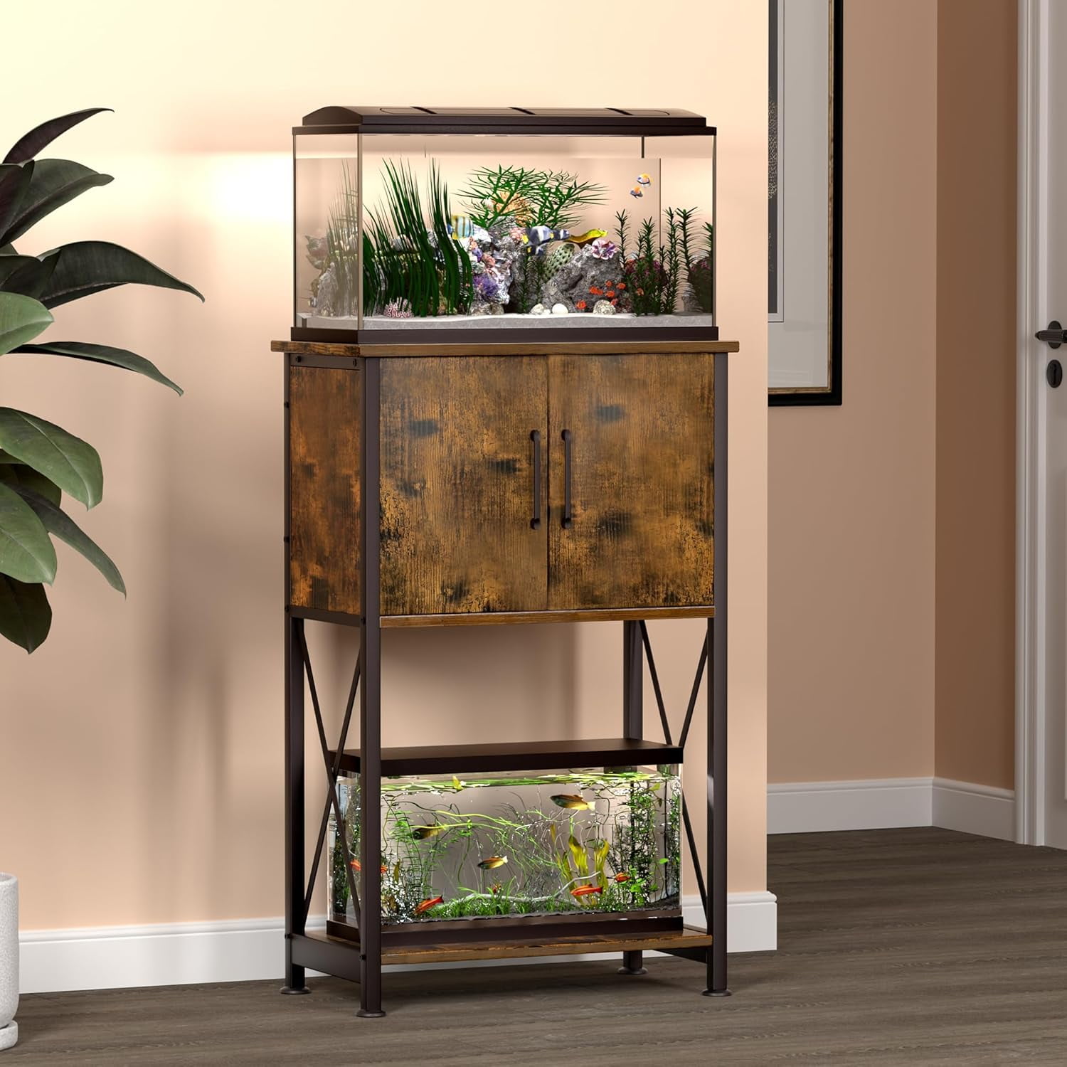 UVANIOHOM 5-10 Gallon Aquarium Stand With Power Outlets UVANIOHOM 5-10 Gallon  Fish Tank Stand With Power Outlets - Rustic Brown 2-in-1 Aquarium Table  With Cabinet, image size:1500x1500