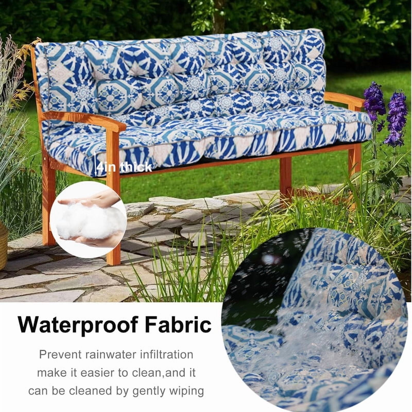 Outdoor Porch Swing Cushions, 4" thick patio swing cushions 3 Seater for outdoor furniture, Waterproof Bench Replacement Cushion with Ties(Blue Grid-63×40in)