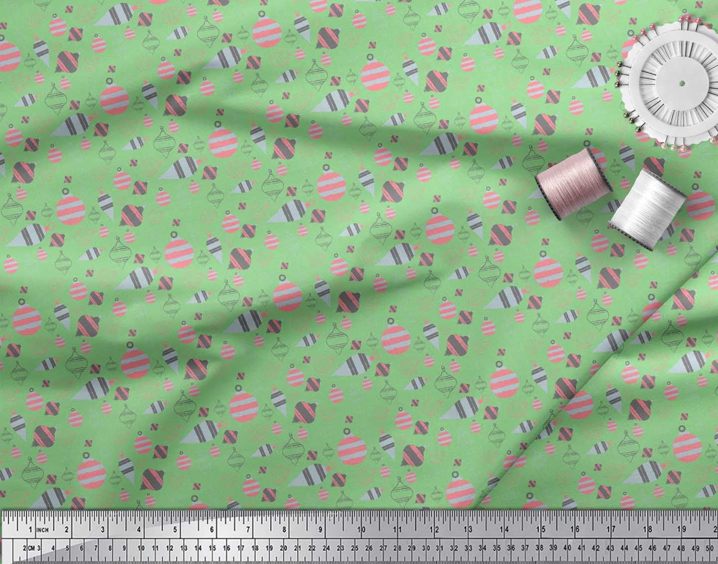 Soimoi Green Rayon Fabric Baubles Christmas Print Fabric by Yard 56 Inch Wide