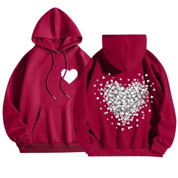 Oversized Back Heart Pattern Women's Hoodie, Valentine's Day Front & Back Heart Hoodie Soft Long Sleeve Heart Detail Hoodie Valentine's Day Oversized Back Heart Hooded Top, Wine S