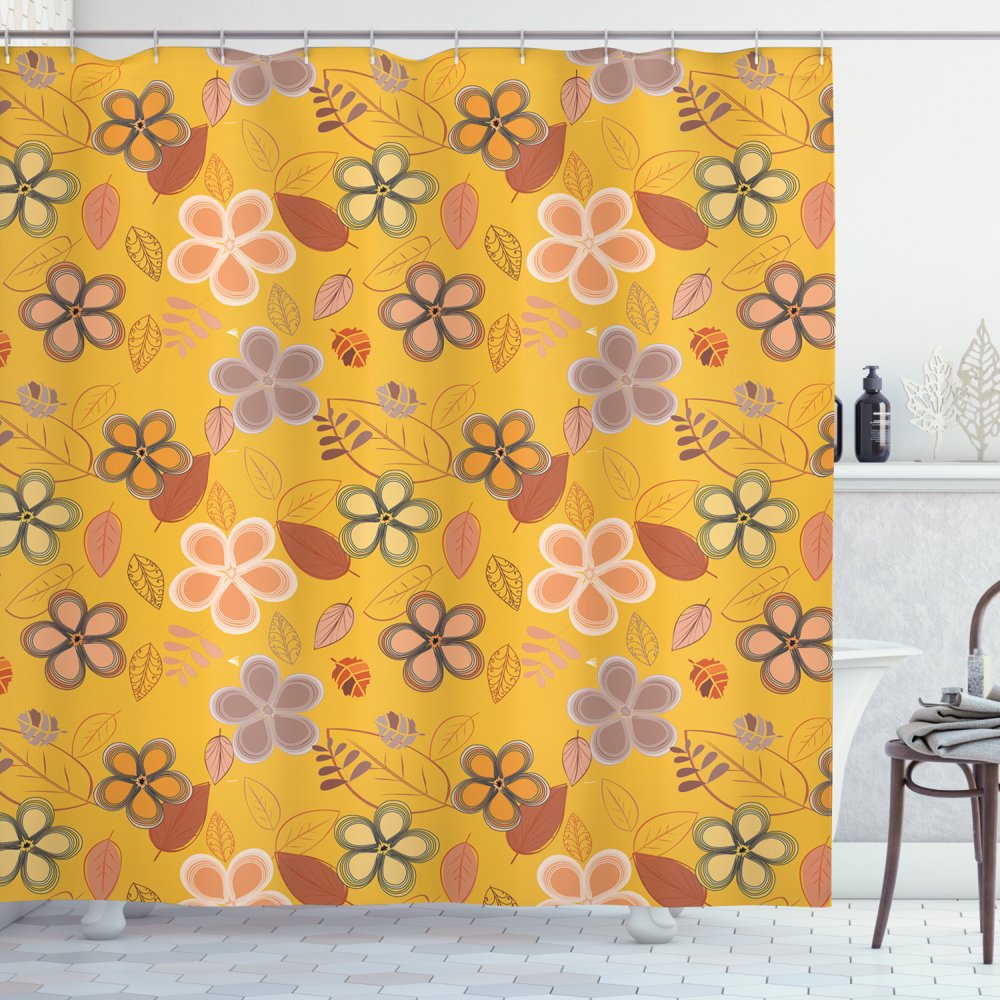 Floral Shower Curtain, Abstract Botanical Pattern of Leaves and Hand