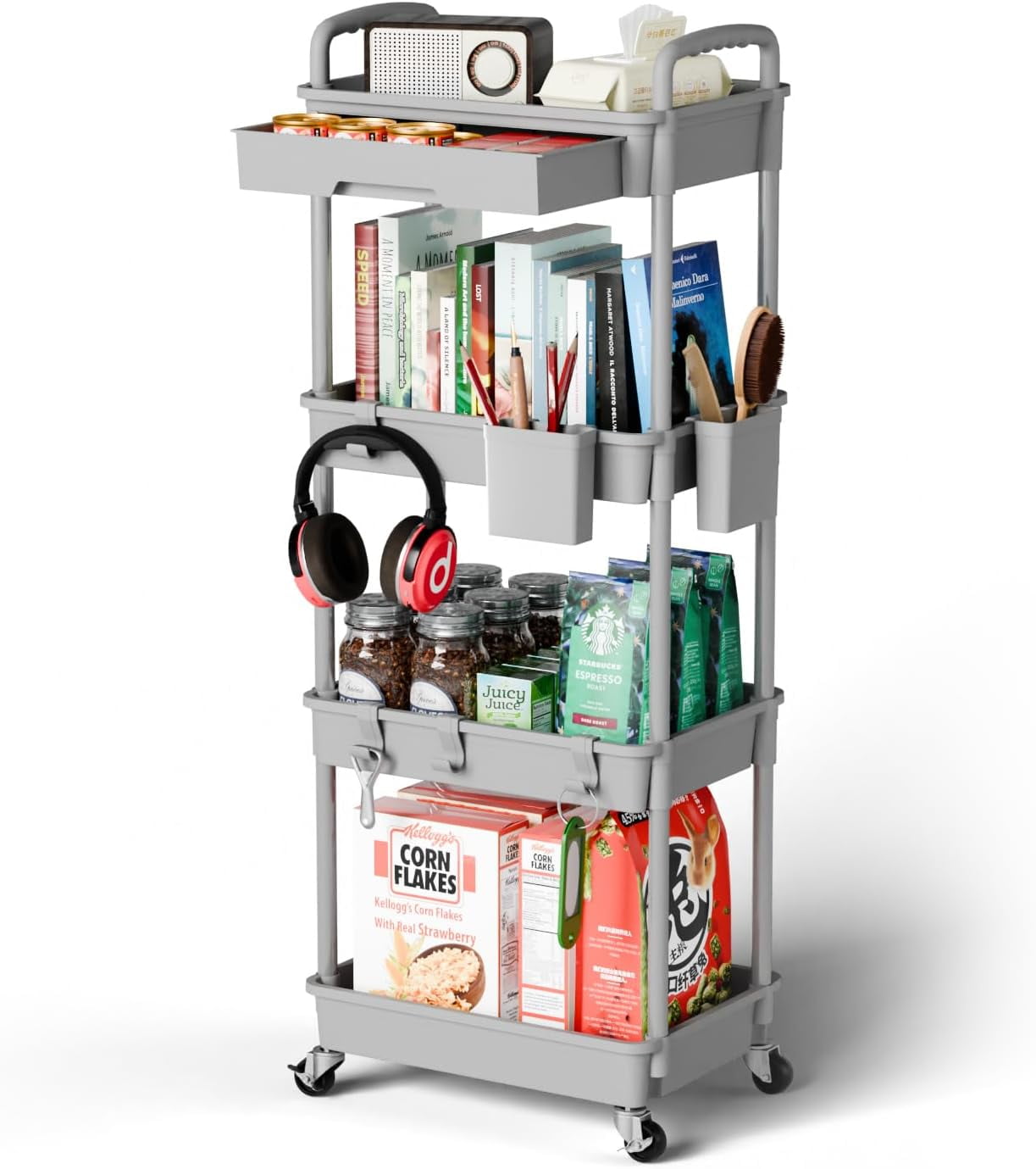 4 Tier Rolling Cart Organizer,Art Craft Diaper Bedside Snack Laundry Room Bathroom Organizer Narrow Thin Slim Rolling Trolley Utility Cart with Wheels for Kitchen,Office(Green)