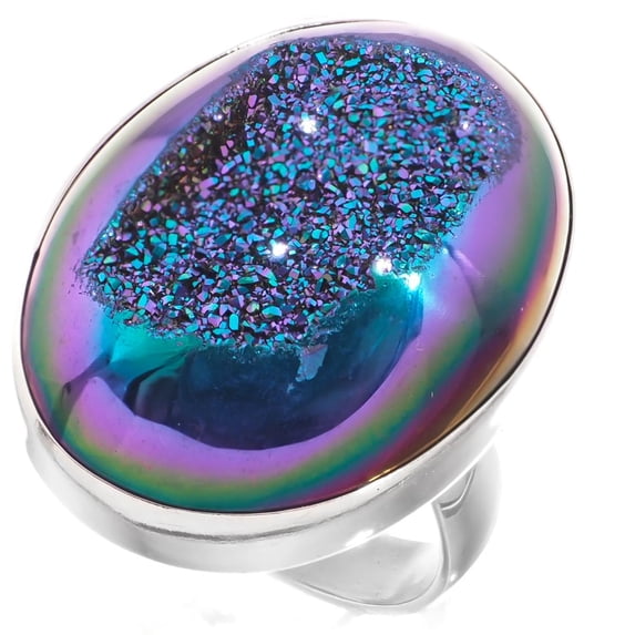 925 Silver Peacock Purple Green Titanium Agate Druzy Drusy Adj Sz 9 Ring, 1"