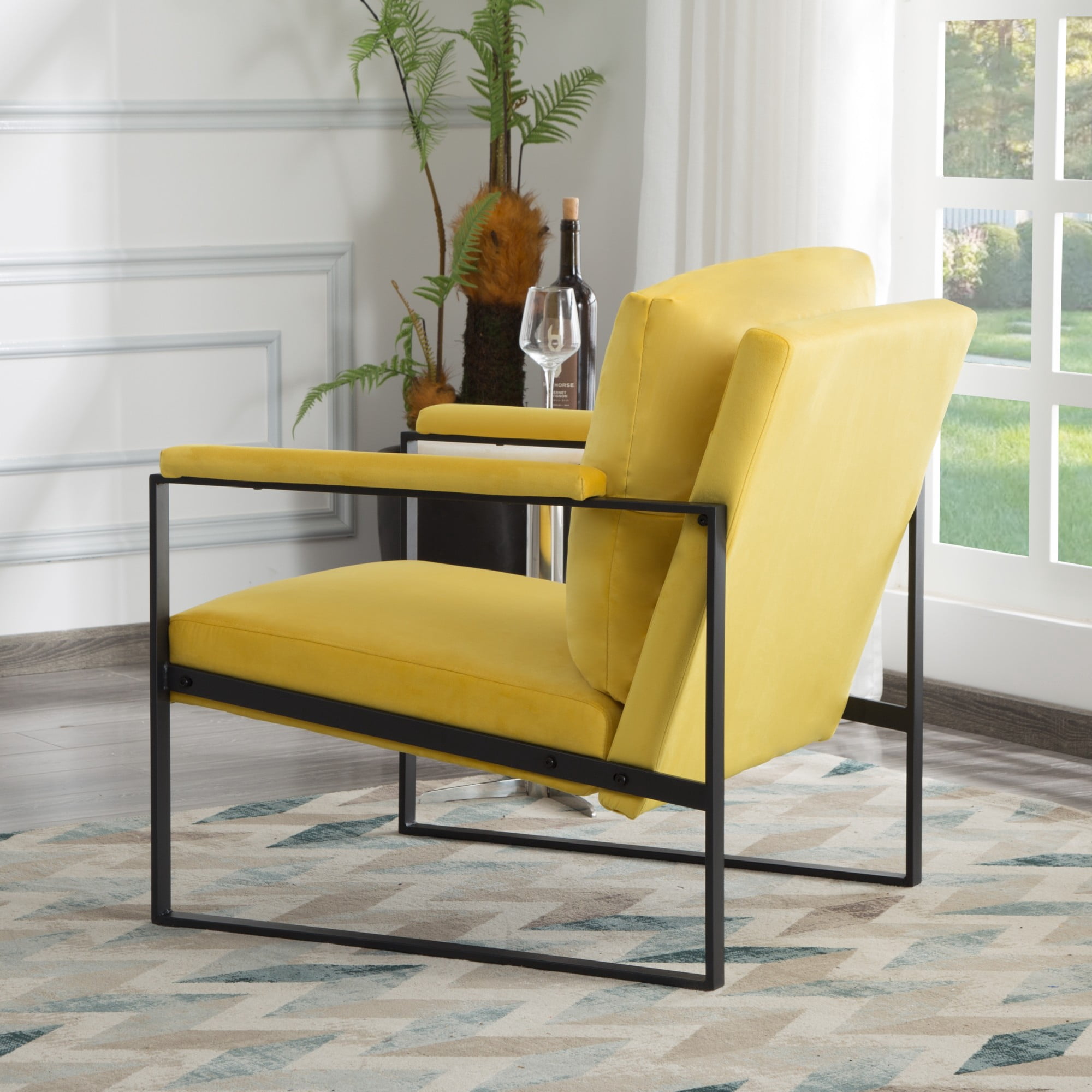 Gewnee 26.8" Accent Armchair, Velvet Metal Frame Chair with Square Arms for Living Room, Yellow