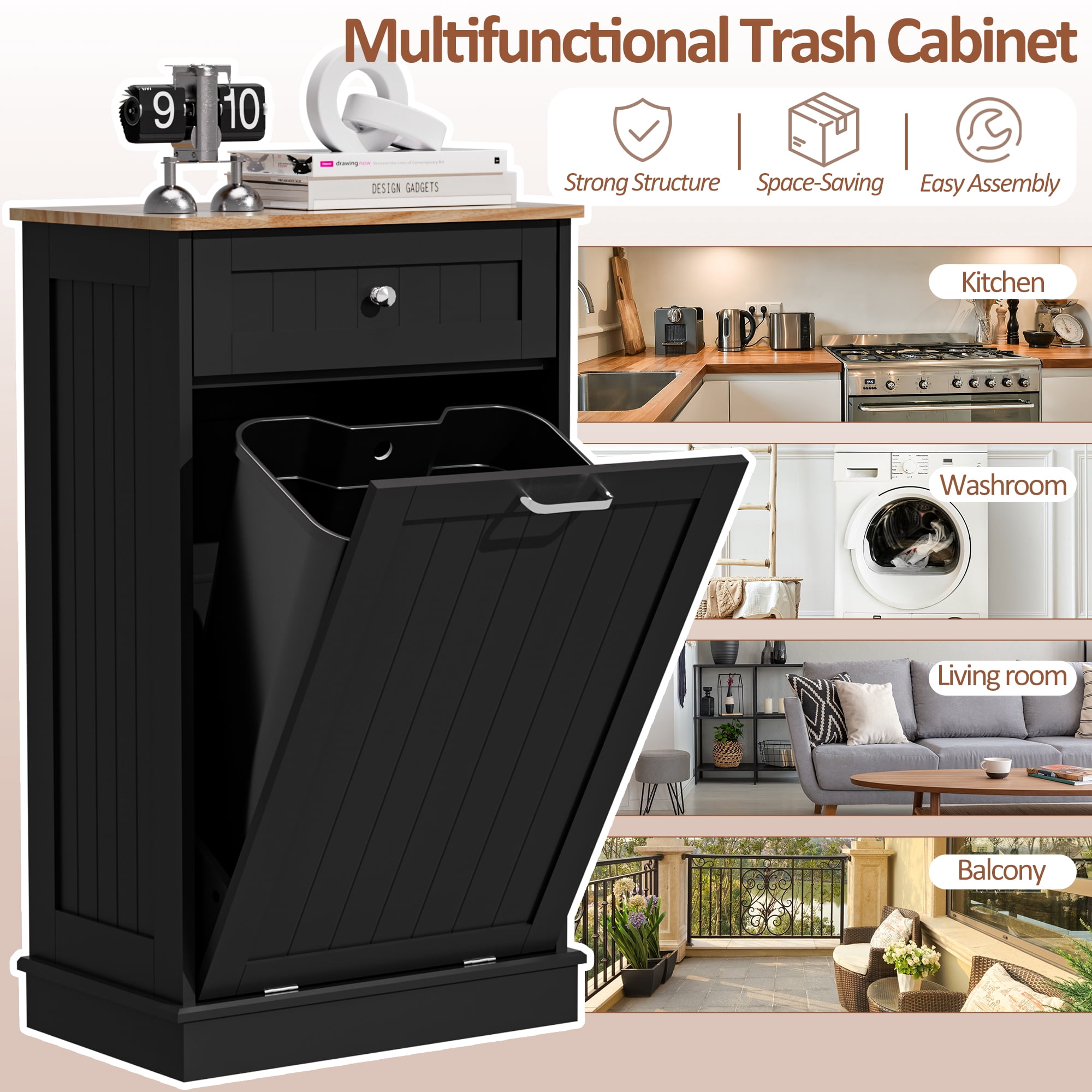 AHB 13 Gallon Single Tilt Out Trash Cabinet with Drawer, Freestanding Kitchen Trash Can Storage Organizer, 20.9"L x 13.55"W x 38.5"H, Black