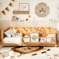 thumbnail image 2 of Bellemave Full Size Floor Bed with Bookshelf and LED Lights, Wood Montessori Bed Frame with Cute Safety Guardrails & Wood Slats Support for Kids Boys Girls, No Box Spring Needed, Natural, 2 of 9