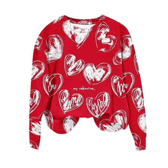 Lovzfmll T-Shirt Ample à Manches Longues pour Femmes avec Imprimé Cœur de la Saint-Valentin, Col Rond, Rouge, TG