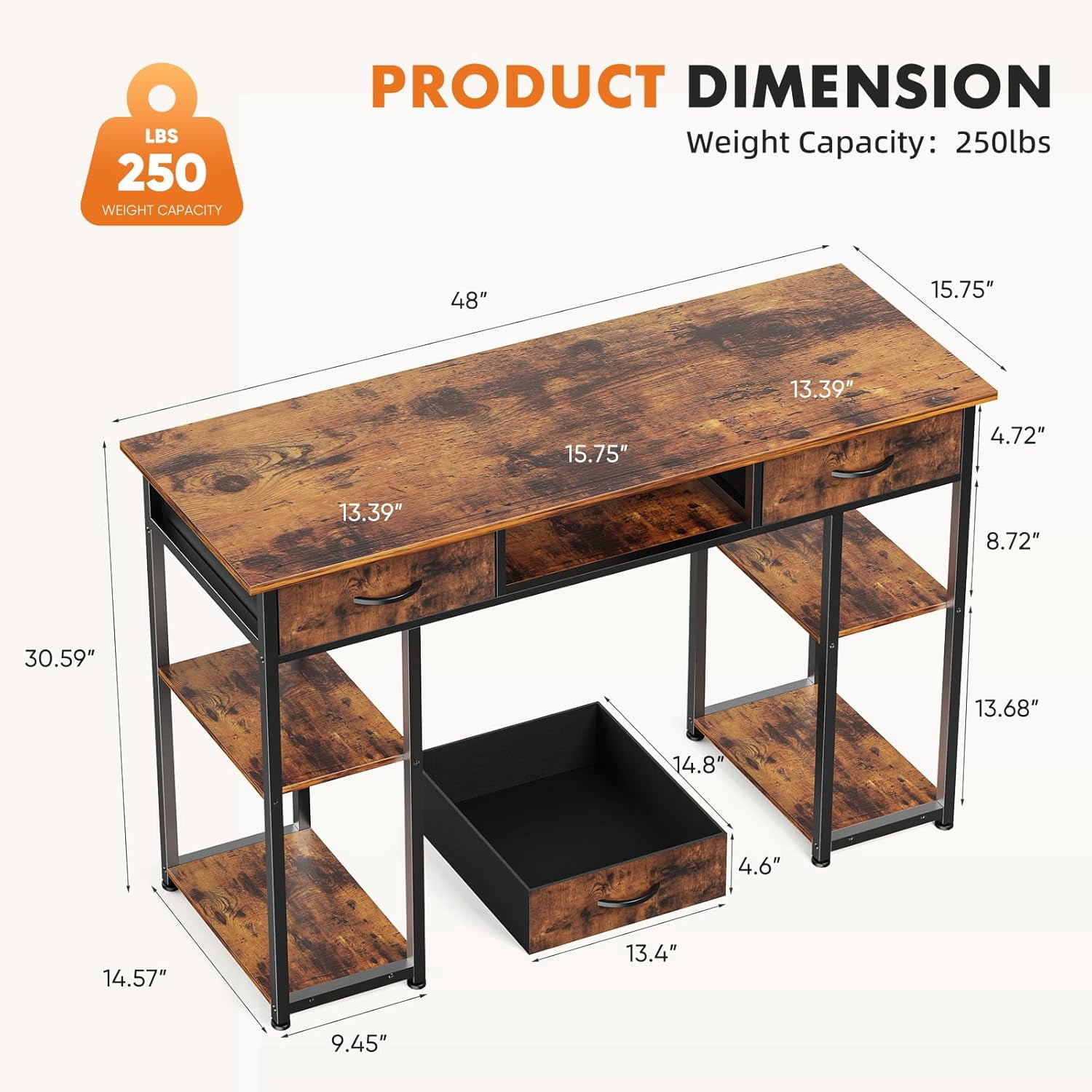 Blorly 48" Computer Desk, Long Desk with Storage Fabric Drawers, Easy Assembly for Small Space, Bedroom, Home Office, Brown