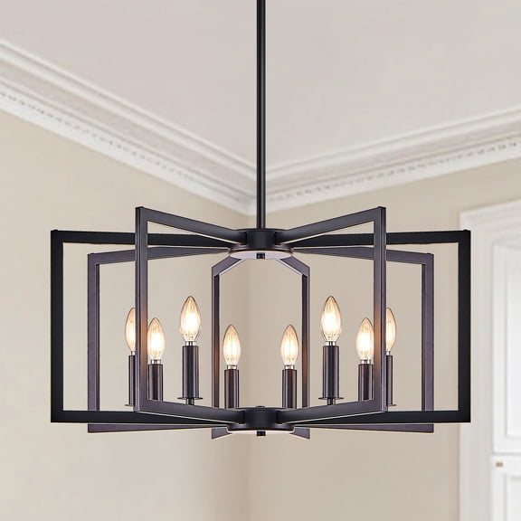 27" Modern Black Geometric 8-Light Chandelier – Industrial Metal Pendant Light Fixture for Living Room, Dining Room, or Kitchen (Bulb Not Included)