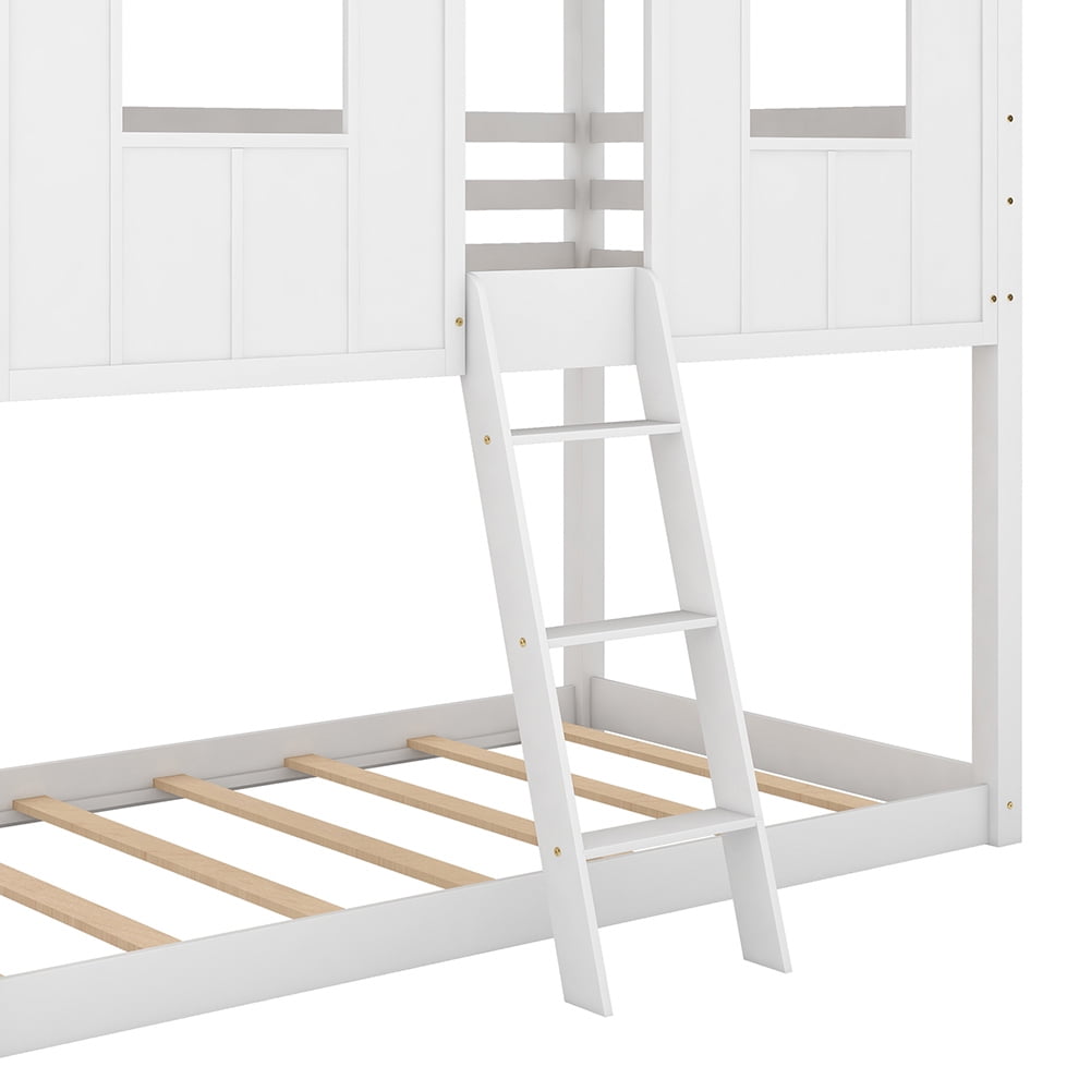 Kadyn Twin over Twin Size Low Bunk Beds with Roof and Fence-shaped Guardrail, White