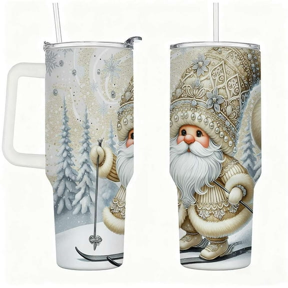Christmas Santa Tumbler with Lid and Straw, Gold Winter Holiday Insulated Cup Gift