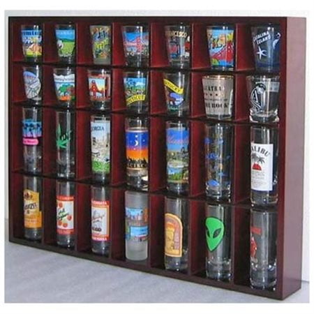 Shot Glass Display Case - 28 Shot Glass Shooter Display Case Holder Cabinet Rack, solid wood, NO Door, Mahogany Finish (SC11-MAH)