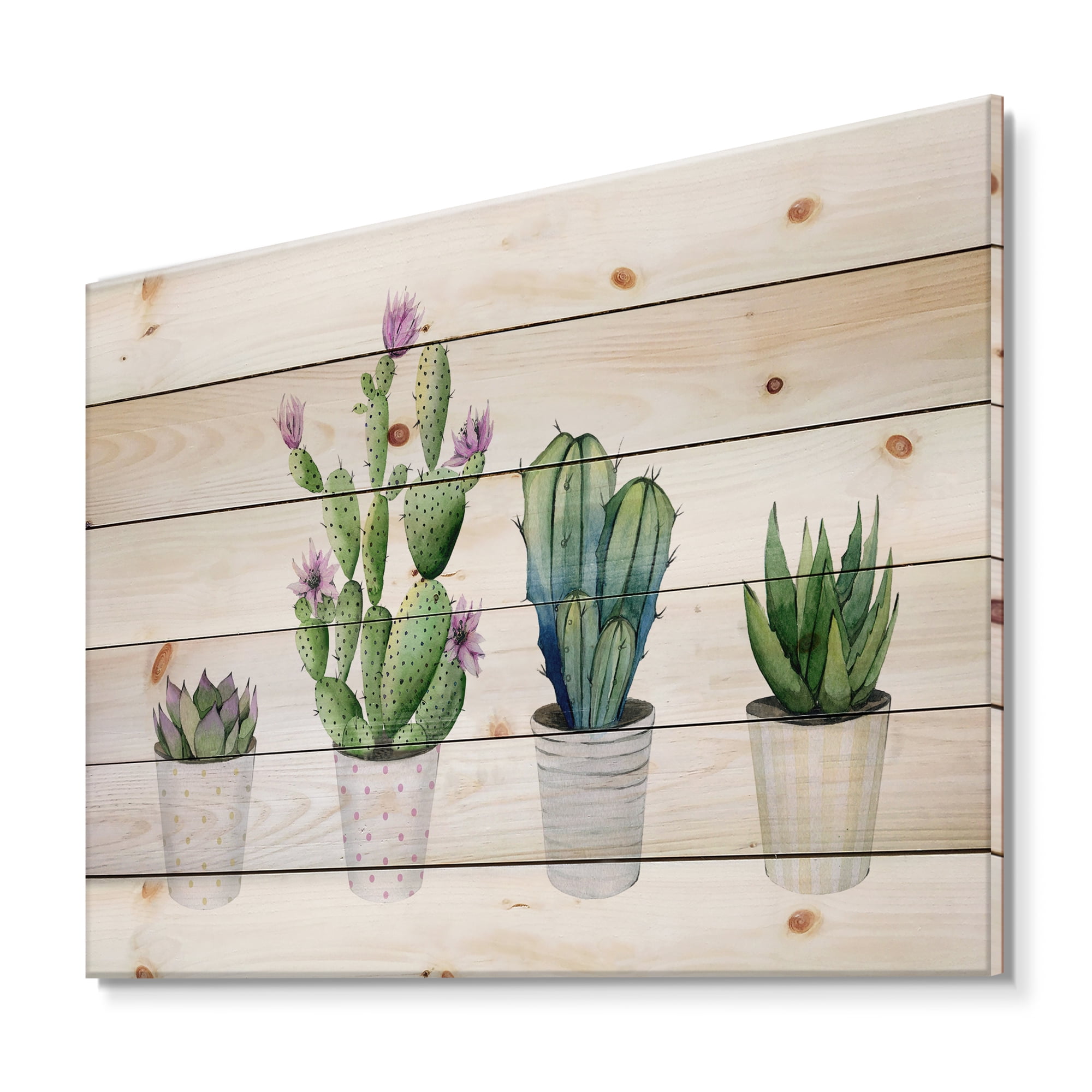 Designart 'Aloe Vera Cactus Succulent Home Plants In The Pots' Botanical Print on Natural Pine Wood