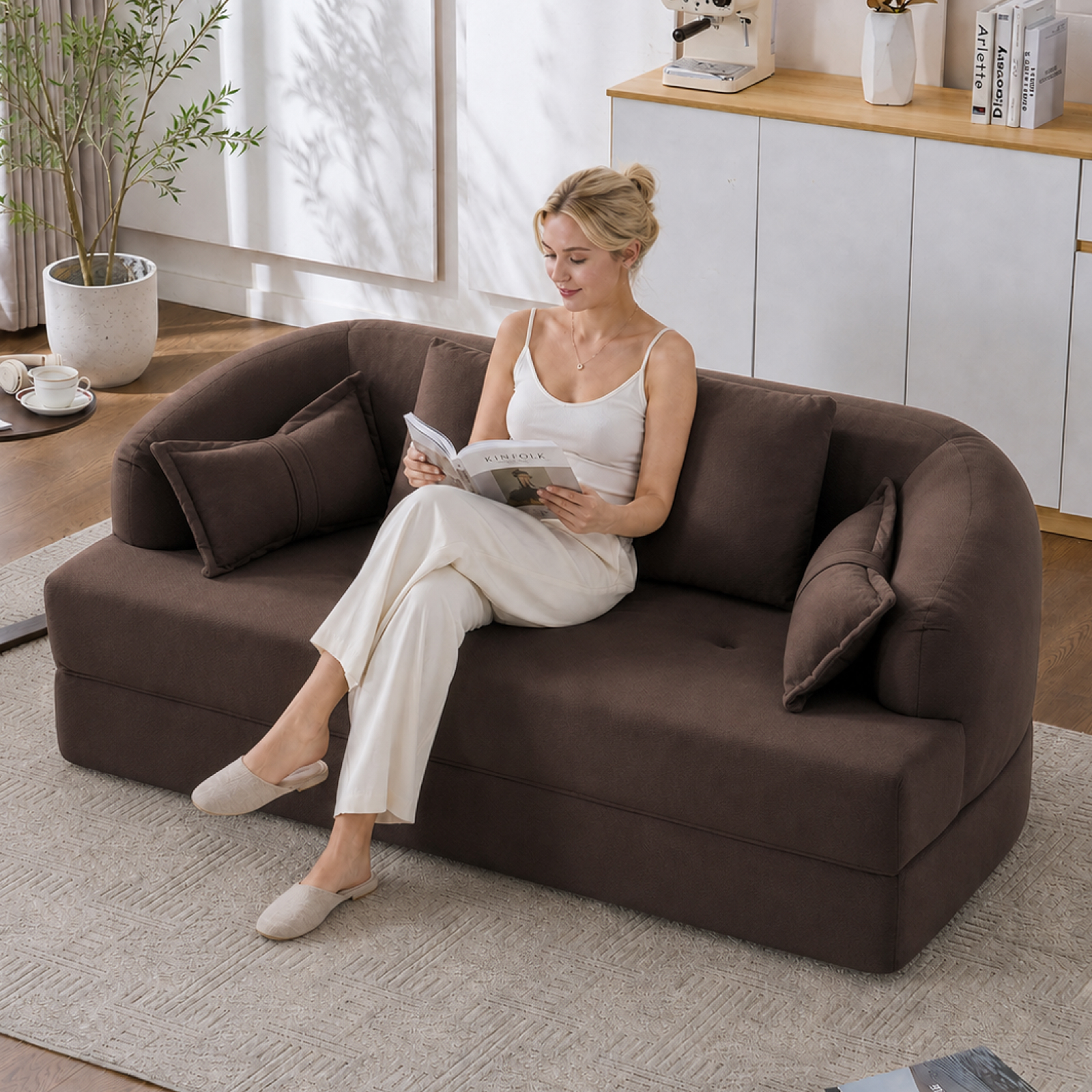 Lunale 70" Convertible Sofa Bed, 2-in-1 Sleeper Sofa, Chenille Boneless Couch for Small Spaces, Brown