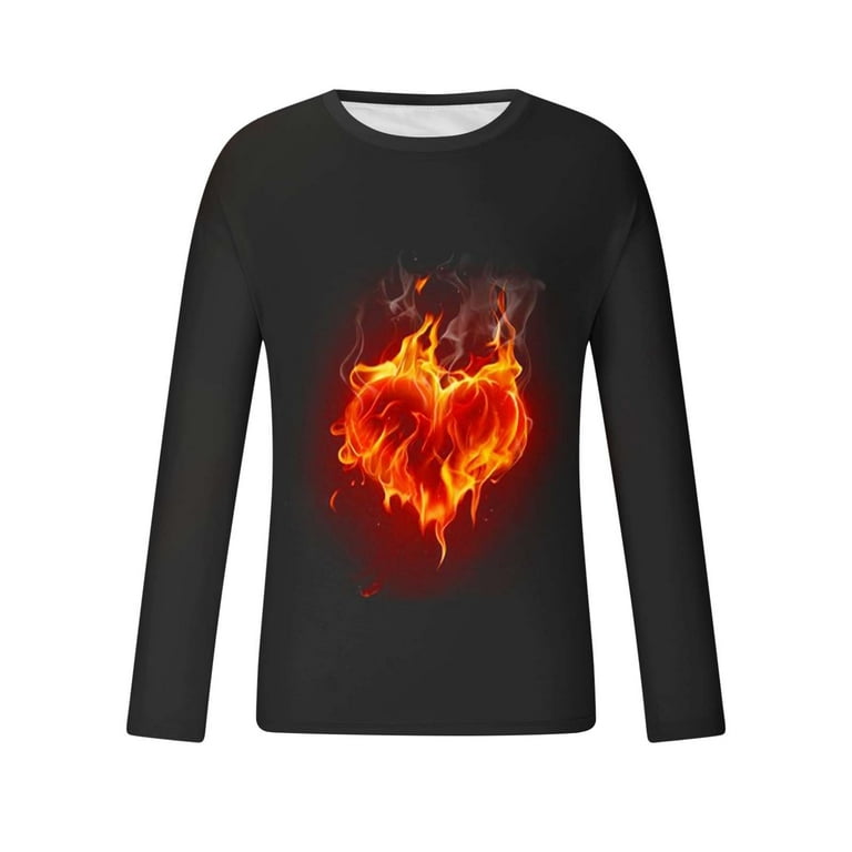 Penkiiy 2024 Men's Valentine's Day Heart Flame Print Long Sleeve T-Shirt  Top XS Black 