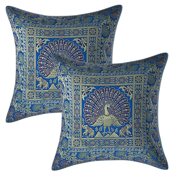Stylo Culture Ethnic Couch Brocade Turquoise And Gold Throw Pillow Covers 40x40 cm Jacquard Weave Banarsi Sofa Pillow Covers Dancing Peacock Floral 16x16 Decorative Cushion Covers (Set Of 2)