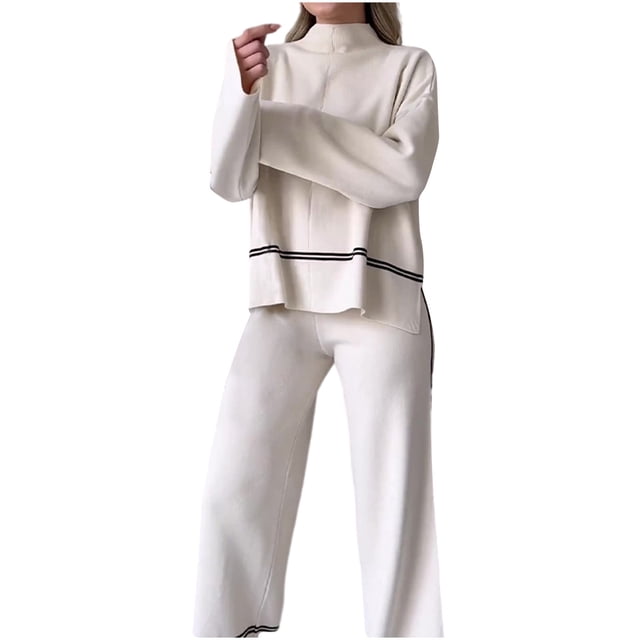 AherBiu Ensembles de Détente pour Femmes Chandail Col Rond Hauts Pantalons Larges Tricotés 2 Pcs Tenues d'Hiver