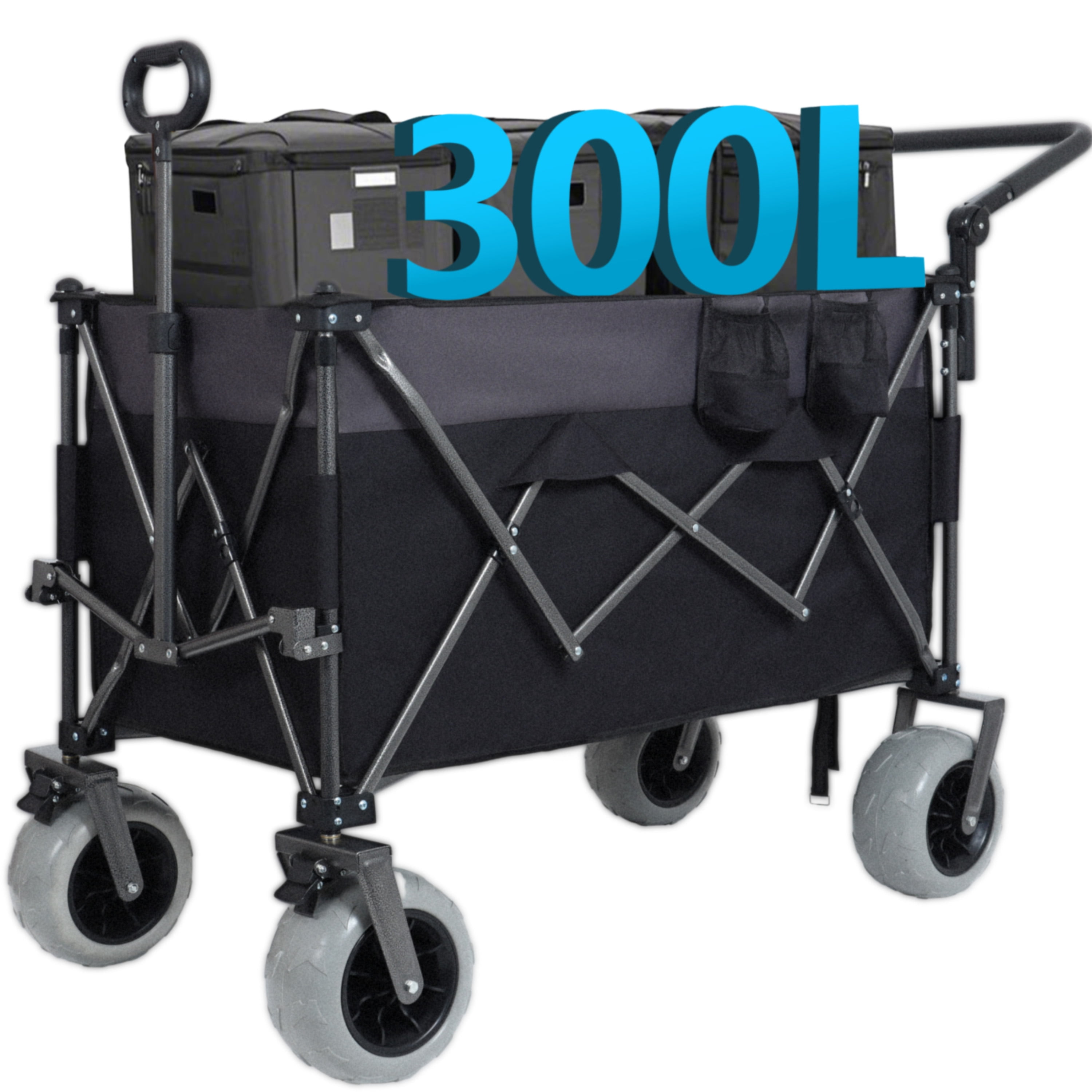 Multi-Functional Push-Pull Folding Wagon Cart, 300L XL Heavy-Duty Utility Cart with Rotating Handle, 9"x4" Beach All-Terrain Wheels with Brakes for Camping Beach Groceries Outdoor Transport