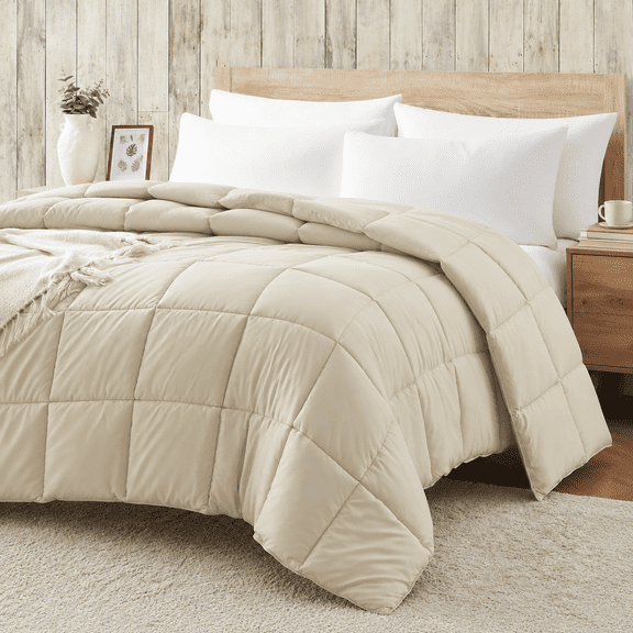 Beige Queen/Full Size Down Alternative Quilted Comforter, All Season Lightweight Bedding Blanket