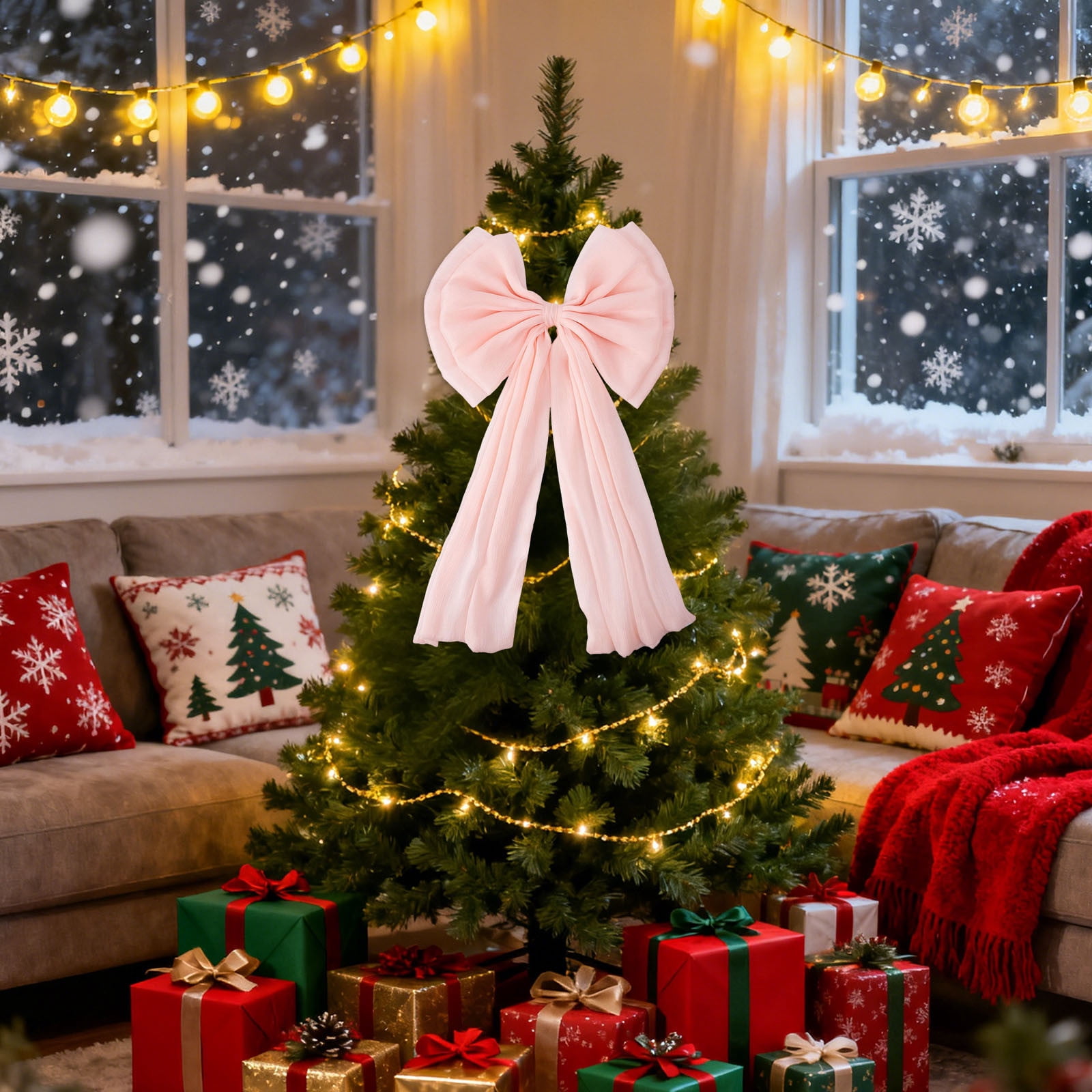 Pink Christmas Bow With Double Layer And Flowing Tails For Festive Display Chiffon Material Hanging Ornament For Tree Or Door