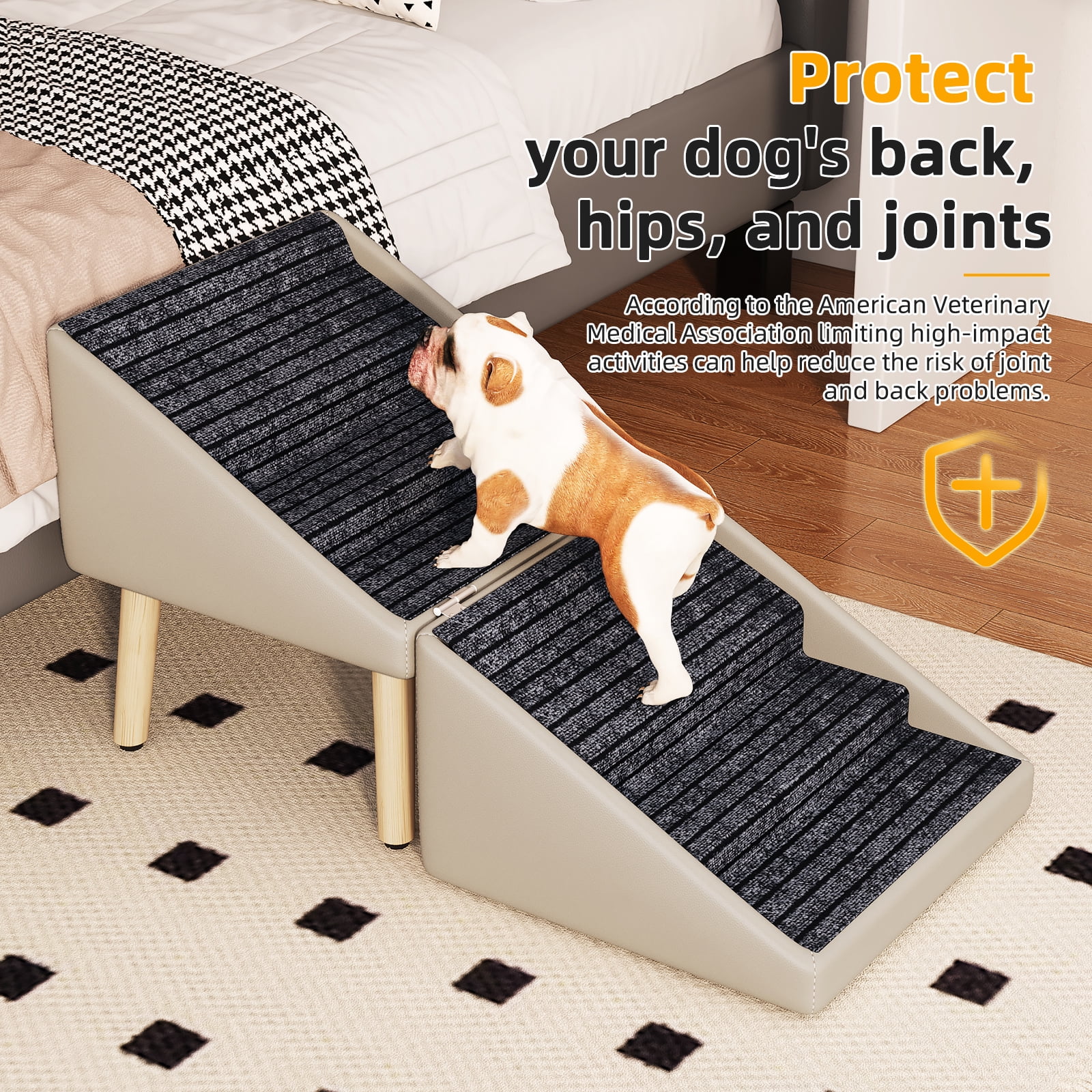 Dog Ramp for Bed & Couch, Dog Stairs 22.83 inches High for Large/Medium/Small Doggie, Foldable 2 in 1 Wooden Pet Steps for Older and Injured Dogs, Split Ottoman Design, Non-Slip Surface (Light Grey)