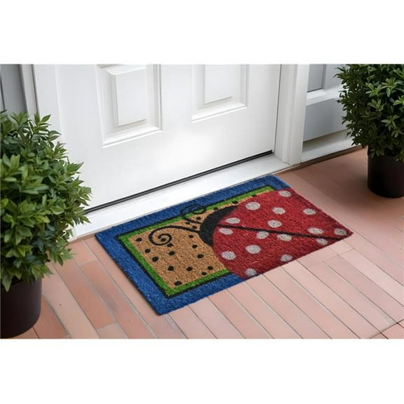 HomeRoots 555487 18 x 30 in. Blue & Brown Coir Ladybug Outdoor Door Mat