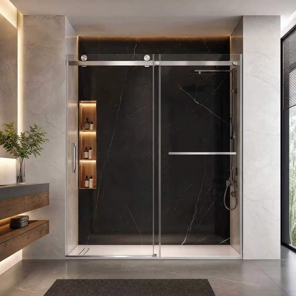 56-60"Wx72"H Frameless Sliding Shower Door, 5/16"(8mm) Tempered Glass, Brushed Nickel, Soft-Close