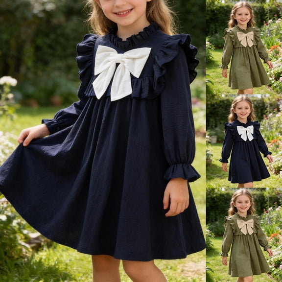 Paiwinds Spring Fall Girls A-Line Dress Crew Neck Ruffle Trim Long Sleeve Bow Detail Casual Loose Fit Regular Holiday Party Outfit for Kids