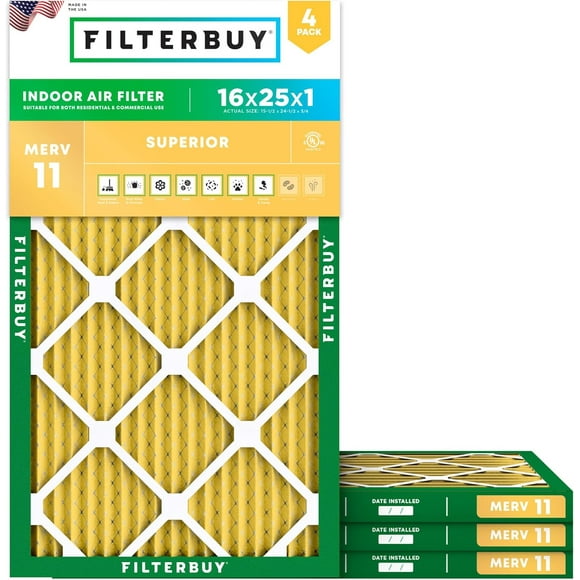 Filterbuy 16x25x1 MERV 11 Pleated HVAC AC Furnace Air Filters (4-Pack)