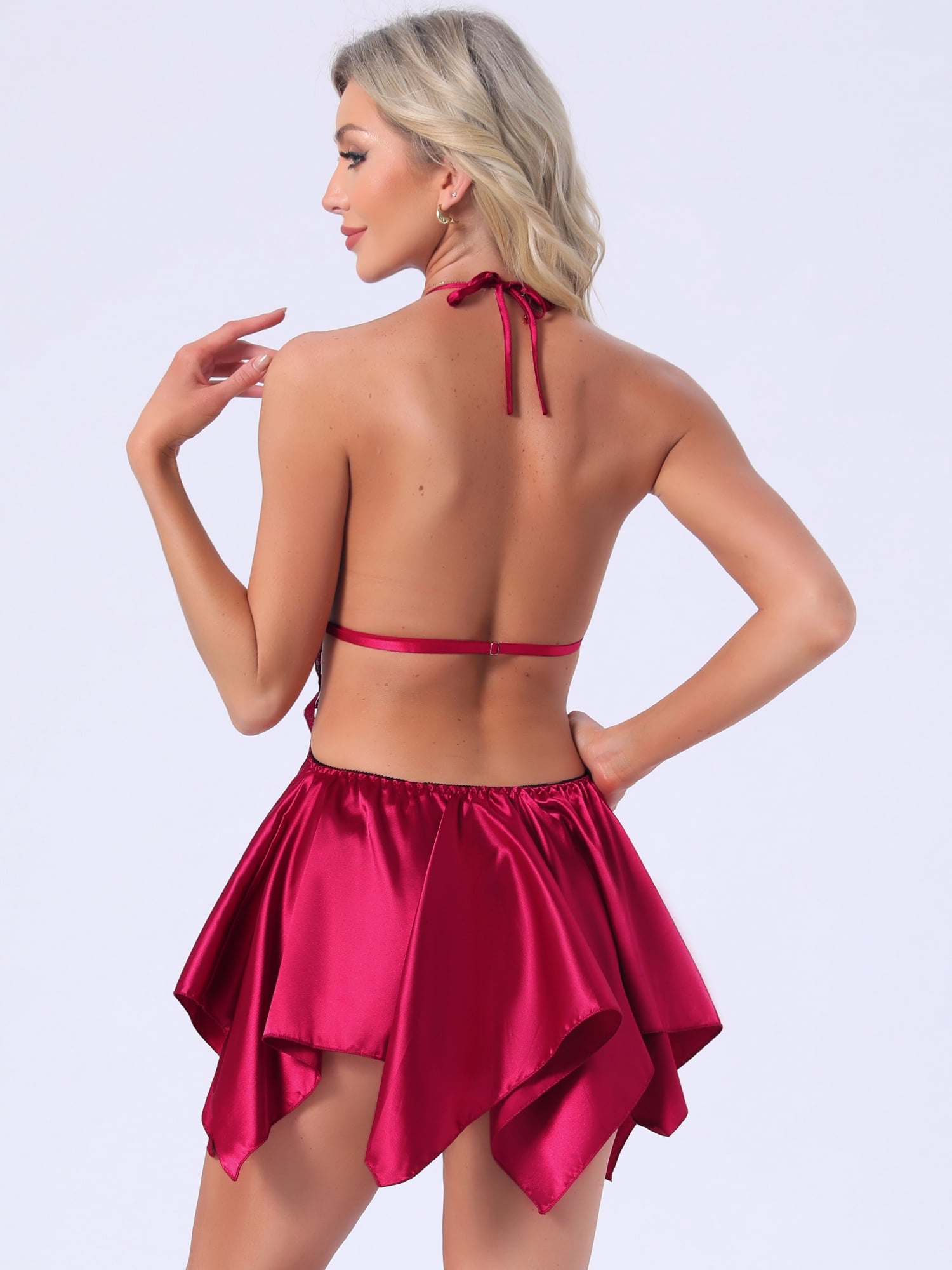 DARING DIVA Women's Lingerie Satin Babydoll Open Back Teddy V Neck Halter XL Red