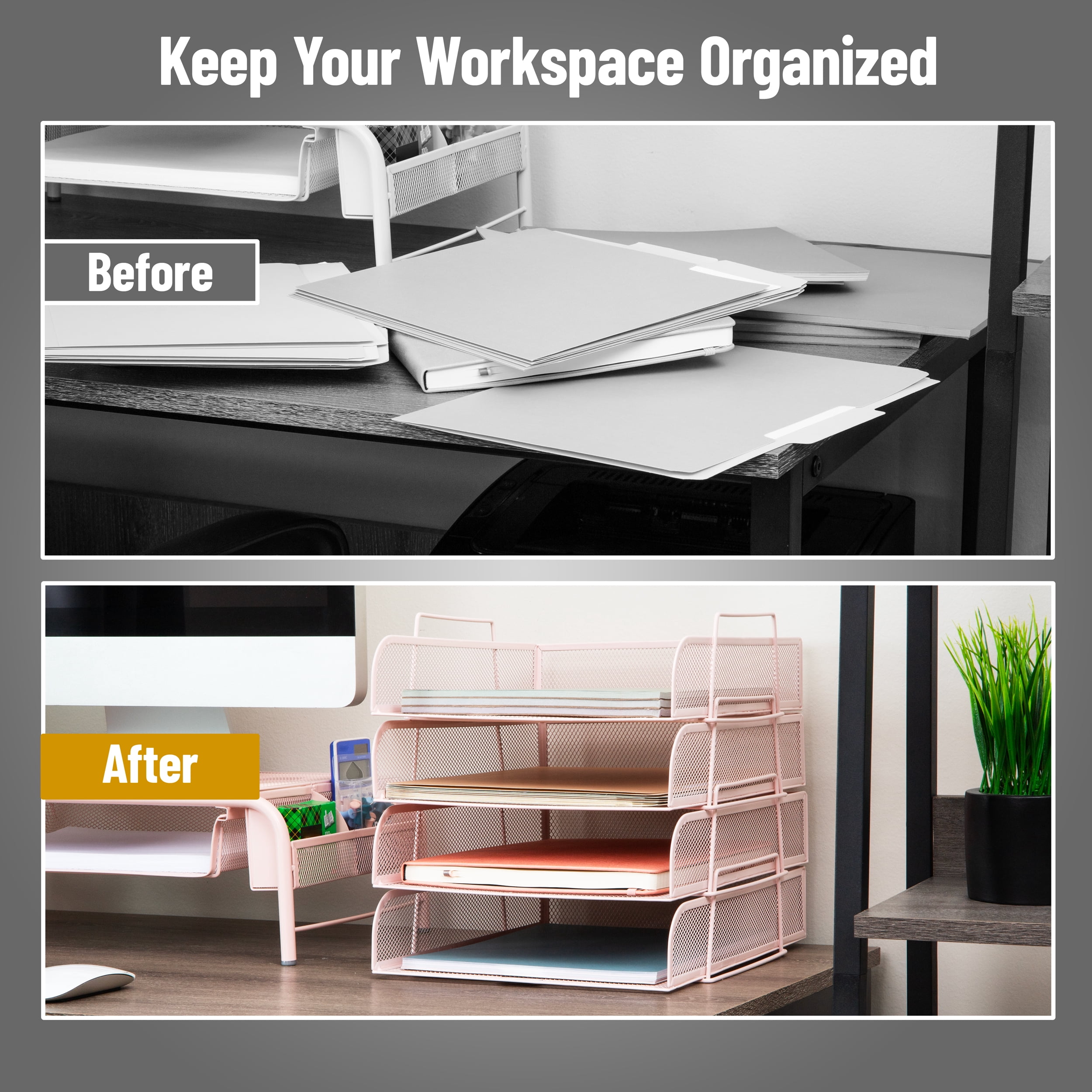 Mind Reader Stackable Paper Tray, Desktop Organizer, Metal 10.5"L x 13.5"W x 11.25"H, 4 Pieces., Pink