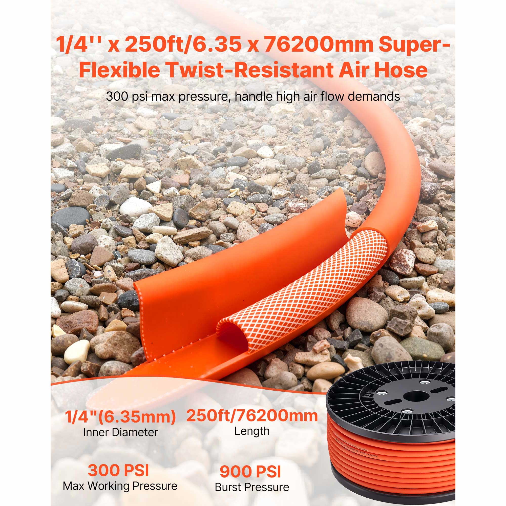 KFFKFF 1/4" x 250ft Hybrid Air Hose, Durable and Flexible Pneumatic Hose, Lightweight and Kink-Resistant Design for Automotive, Home, and Construction Use, 300 PSI, All-Weather Performance, Orange