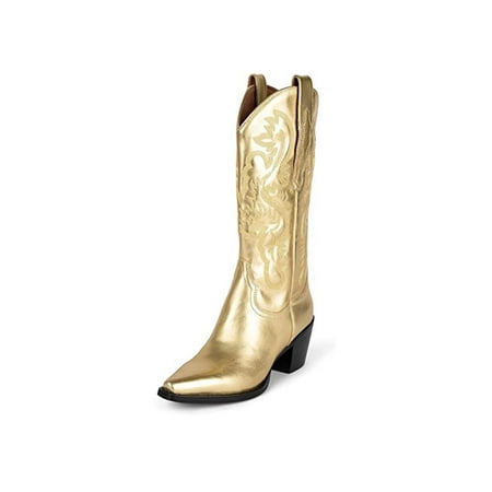 

SIMANLAN Womens High Calf Boot Wide-Calf Winter Shoes Pointed Toe Western Cowgirl Boots Party Comfort Riding Booties Casual Embroidered Vintage Bootie Golden 7