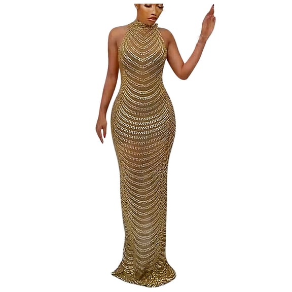 IROINNID Women's Sheath Dress Backless Nightclub Party Dress Drilling Long Turtleneck Empire Waist Dress