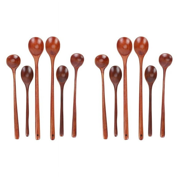 12 Pieces Wooden Spoons Kitchen Serving Long Handle Soup Spoons Cooking Tasting Spoons for Eating Mixing Stirring